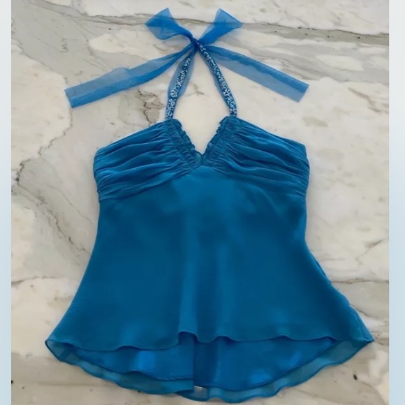 BCBG BLUE SILK EMBELLISHED HALTER TOP SIZE SMALL - Picture 7 of 14